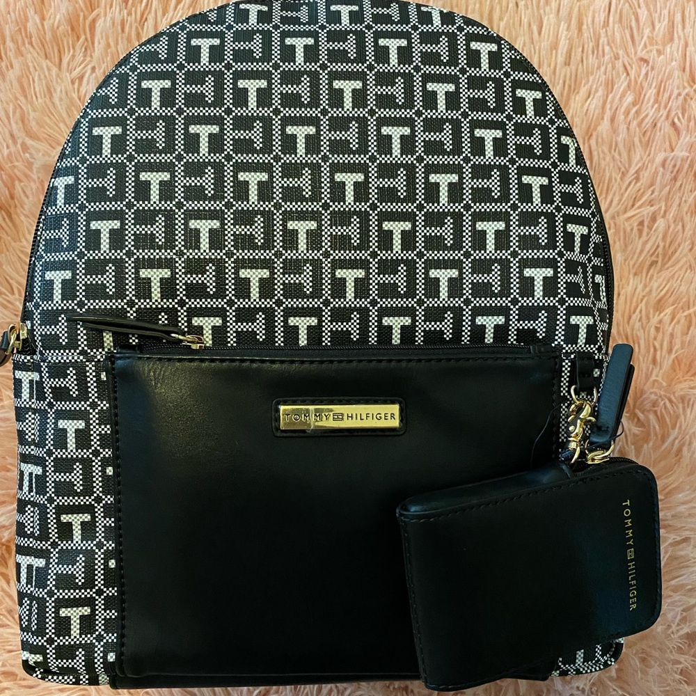 NEW!!! Tommy Hilfiger Black and White Round Top Backpack Purse with Coin Purse